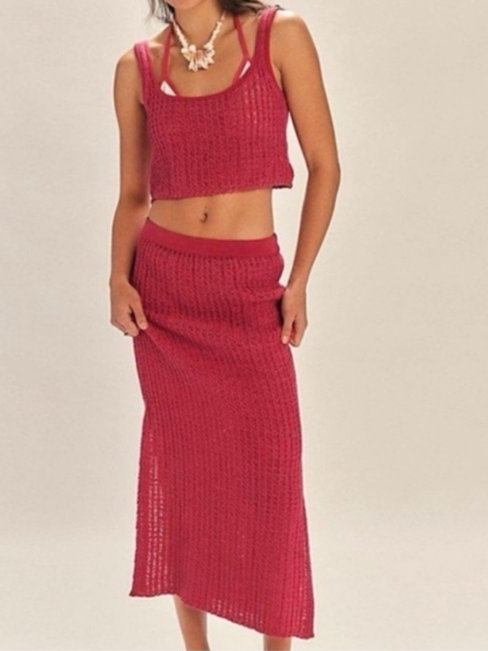 FP Beach Small Set Havana Sweater Set Free People in Love Potion Red Cotton Knit